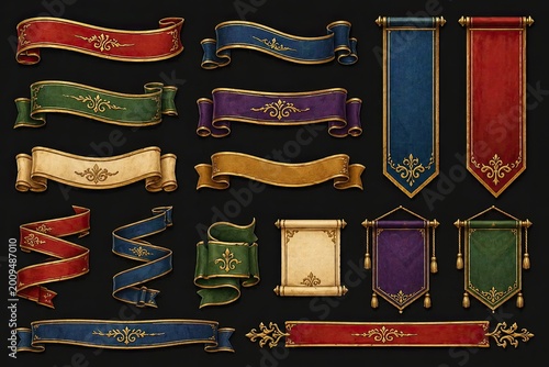 Elegant vintage banners and scrolls set: ornate decorative ribbons in rich colors on black background