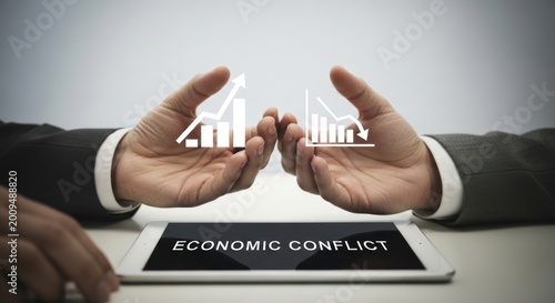 Business professional hands holding opposite growth decline charts, for economic conflict, financial instability, market volatility, struggle for corporate success