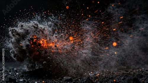 Cinematic Dirt Explosion with Fire and Sparks on Black Background