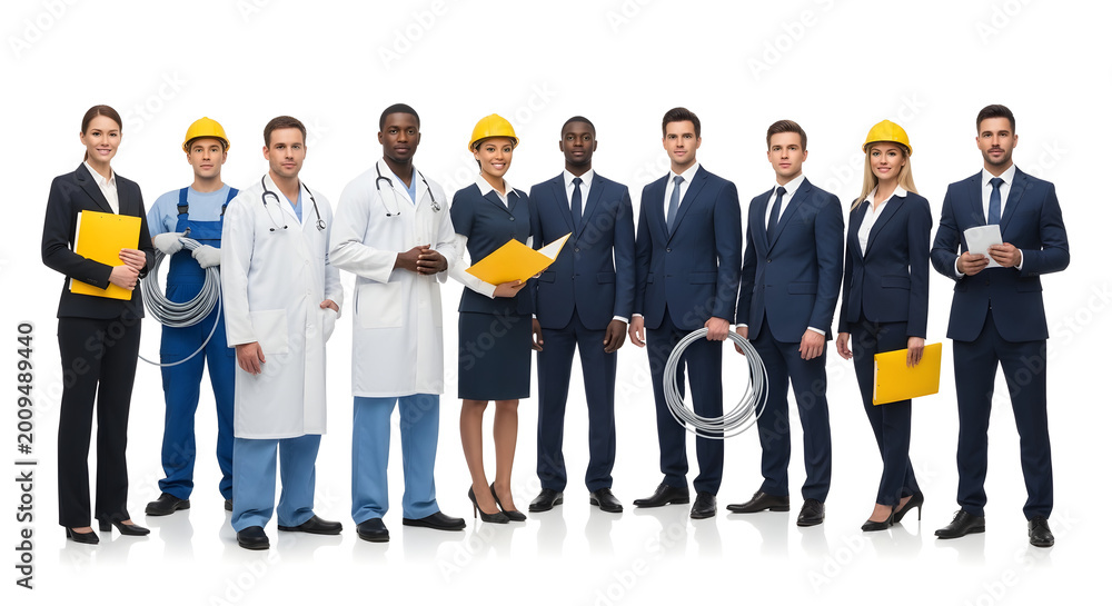 Obraz premium Diverse Group of Professionals Standing Together Representing Various Career Paths on White Background