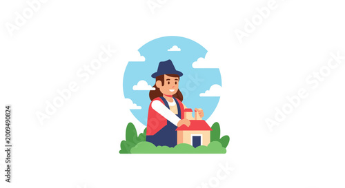 Vector Illustration of a Smiling Woman Holding a Model House Miniature