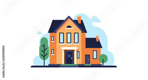 Modern Two Story Suburban House Vector Illustration