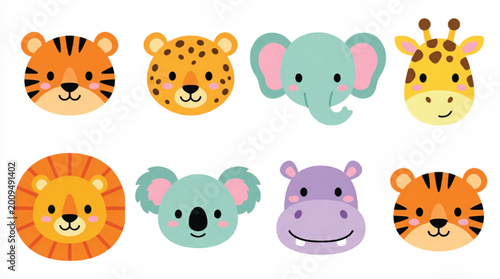 Canvas Print Cute safari animal faces vector set, 8 cartoon jungle animal heads for nursery d