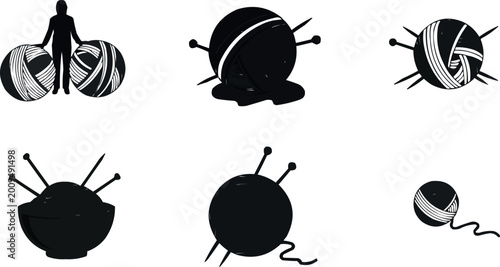 Fotografia Knitting yarn ball silhouette vector collection with crochet needles and textile