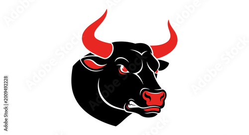 Tableau sur toile Aggressive Black Bull Head with Red Horns