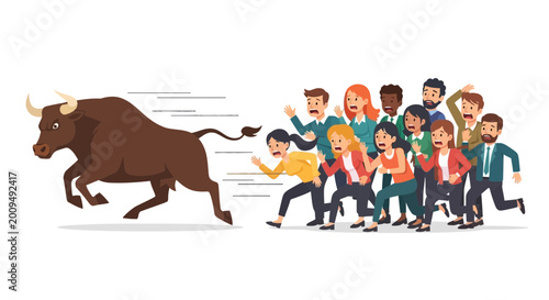 Schilderij op canvas Bull Chasing People Cartoon