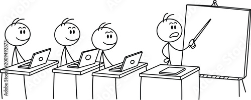Photos Stick figure teacher explaining lesson on board to students with laptops, educat