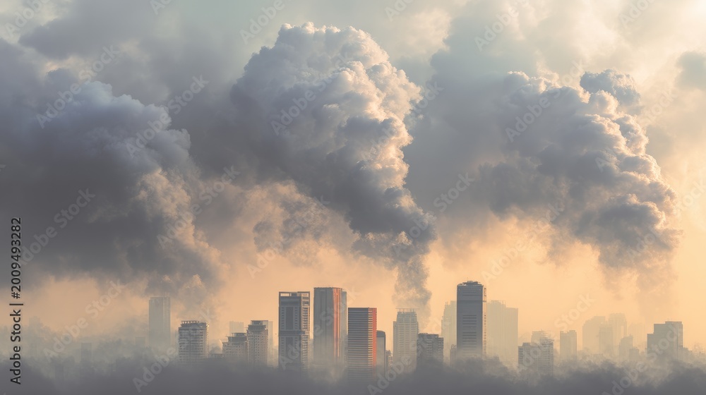 Fototapeta premium Urban skyline under heavy smog with dramatic clouds and pollution in the atmosphere during sunset creating an eerie and atmospheric landscape