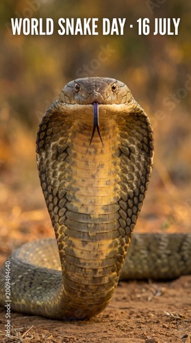 World Snake Day Intimidating King Cobra Raised in a Threatening Hood Display Facing the Camera
