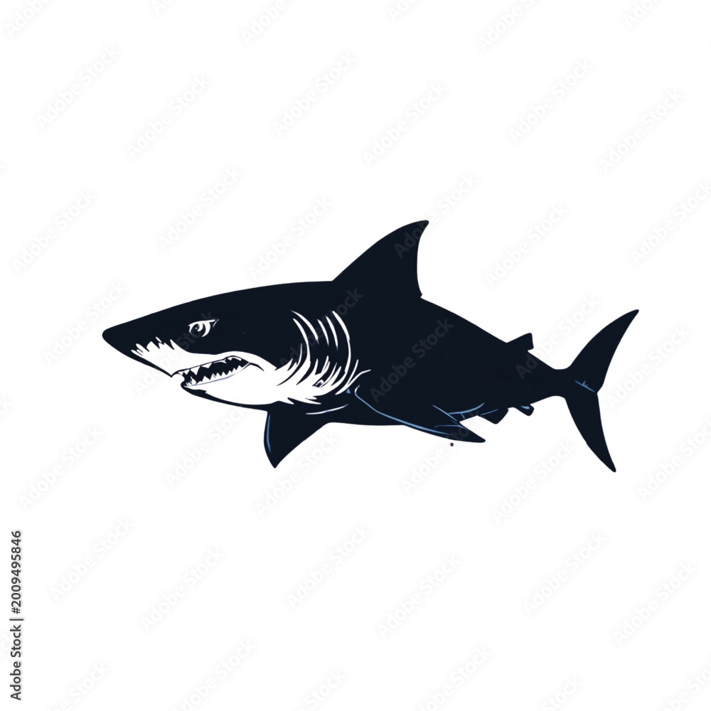 Obraz premium Shark silhouette displays a detailed predatory profile with sharp teeth and a powerful fin structure, captured in a clean dark ink style on a solid white surface for modern maritime design projects.