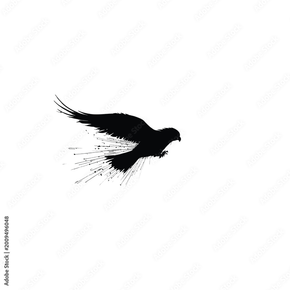 Fototapeta premium Bird in flight silhouette captured with a stylized ink splash effect creates a sense of motion and freedom that is ideal for artistic compositions or minimalist designs requiring elegant movement.