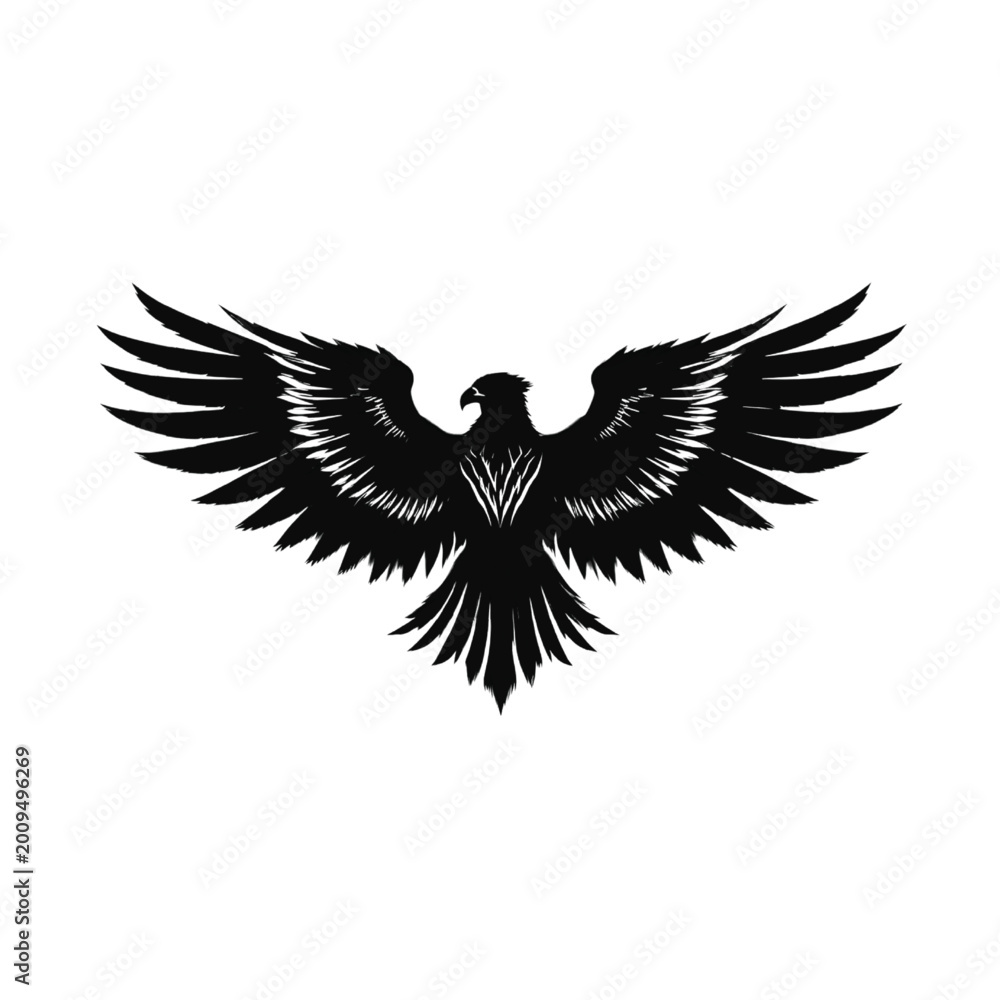 Fototapeta premium Eagle silhouette depicted with expansive wings outstretched in a symmetrical display, representing power and freedom through a sharp black ink style design isolated on a clean white background.