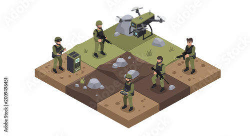 Schilderij op canvas Modern Military Soldiers and Drone Technology in Combat Scenario.