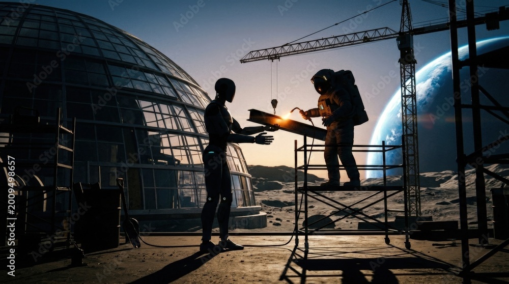Fototapeta premium Astronaut & Robot Building Lunar Base Habitat on Moon Future Space Exploration Concept