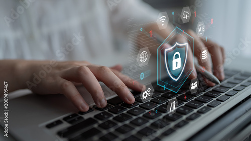 Cuadro en lienzo Cybersecurity protection secures network, prevents threats, and strengthens digi
