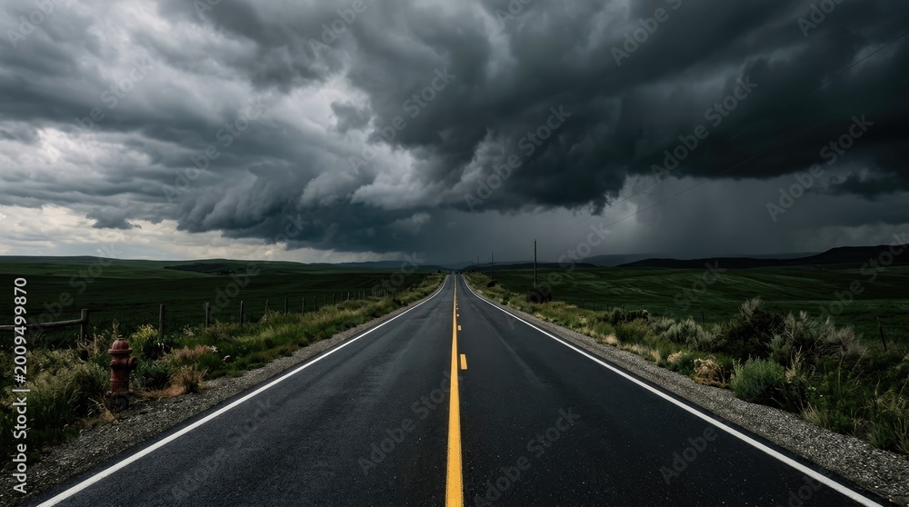 Fototapeta premium Storm clouds over empty asphalt road stretching through green rural landscape during rain.