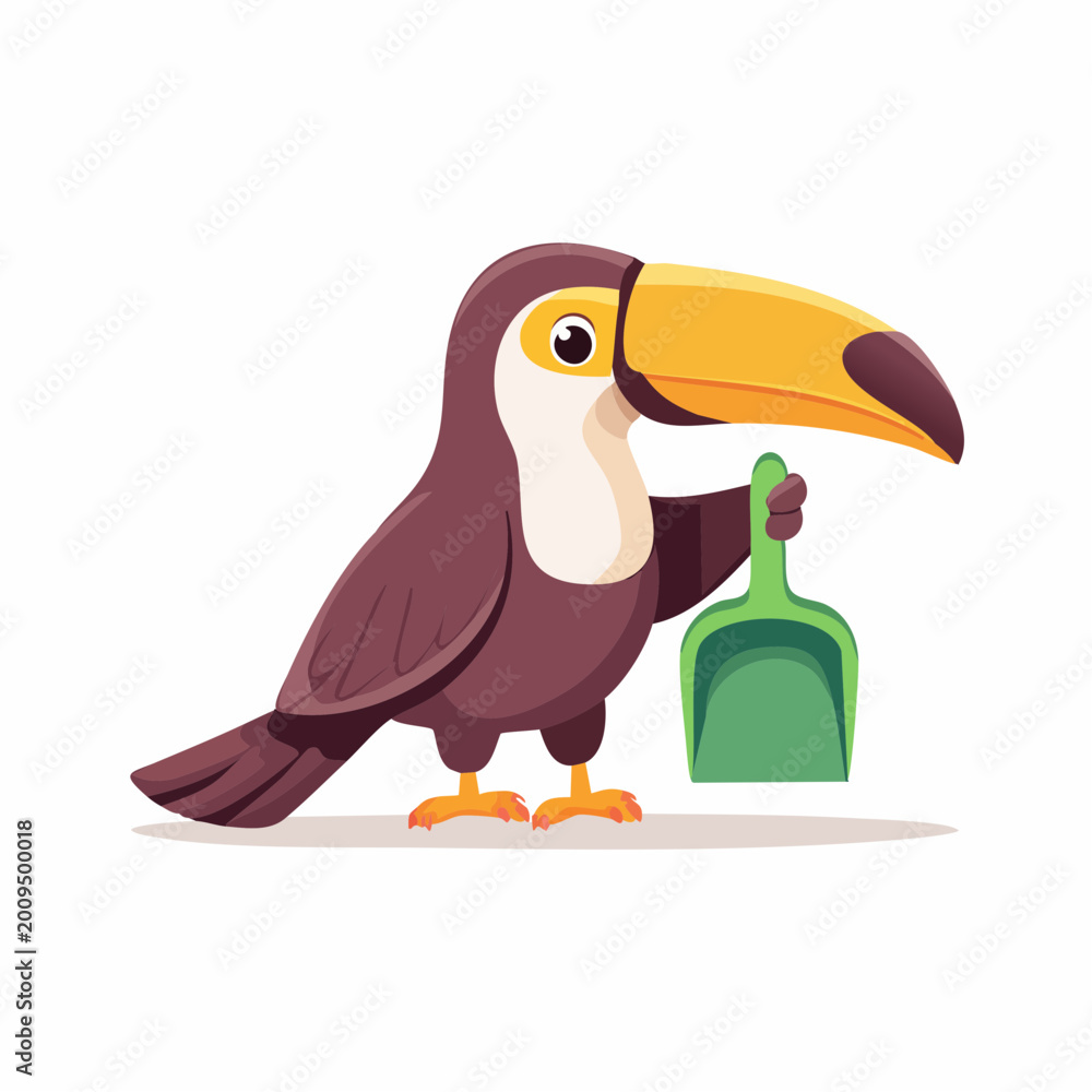 Fototapeta premium Cartoon Toucan Holding a Green Dustpan