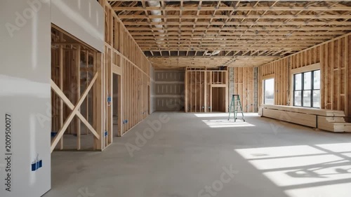 Construction Progress of a Modern Wooden Interior Residential Space with Large Windows