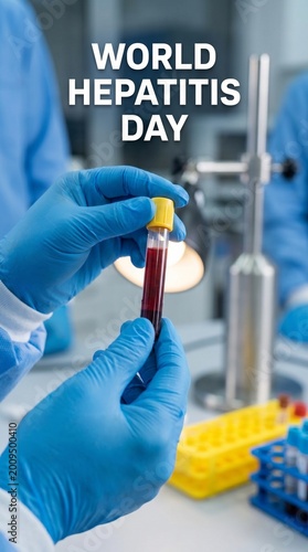 World Hepatitis Day Gloved Medical Technician Carefully Handling a Blood Sample Vial in a Laboratory