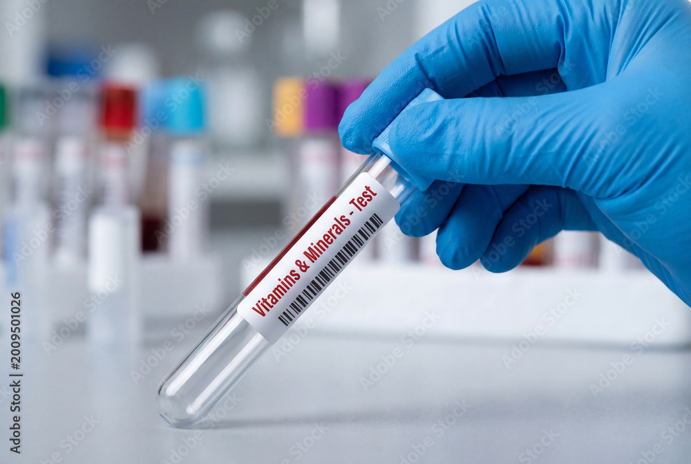 Fototapeta premium Vitamins and minerals blood test sample tube held by a gloved hand in a laboratory