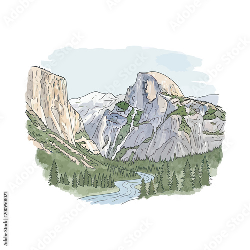 Tableau sur toile Yosemite Valley Landscape Illustration: Half Dome, El Capitan, Merced River, Pin