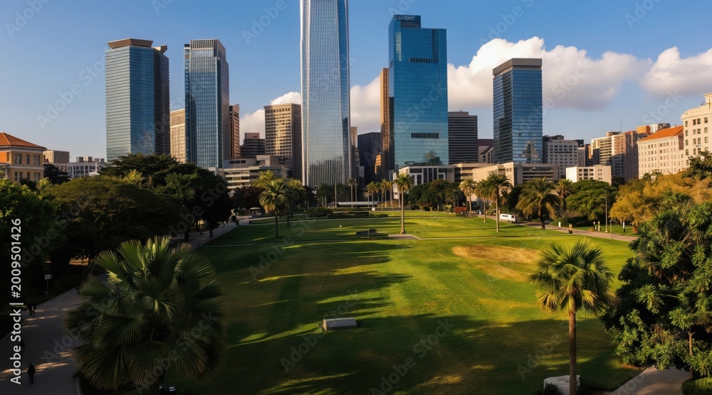 Obraz premium Green city park area with wide lawn, palm trees, and modern tall buildings in background. Sunny day with blue sky and white clouds, people walk on path.