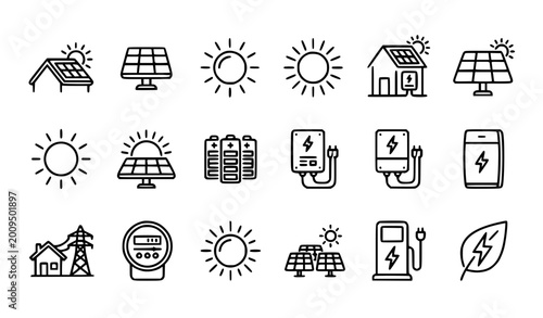 Konstfotografi Solar energy icons set vector thin line photovoltaic home system battery renewab