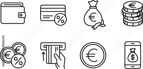 Cuadro en lienzo Collection of Banking and Finance Line Icons Featuring Euro Currency Wallet Cred