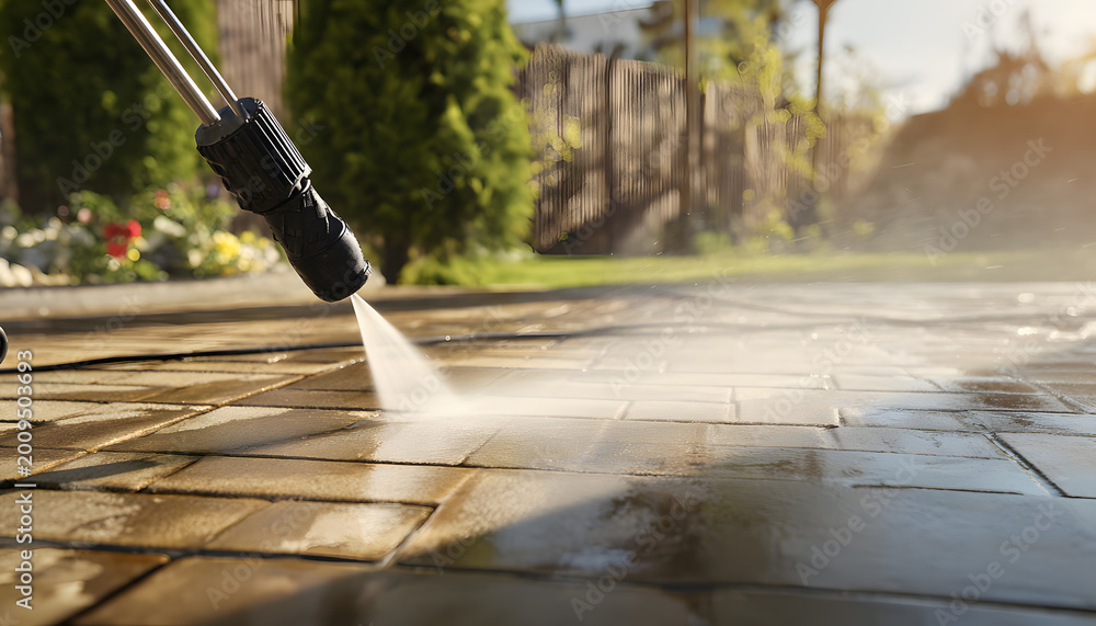 Naklejka premium Close-up of a pressure washer cleaning a dirty brick patio in a home backyard, illustrating professional outdoor maintenance and property upkeep