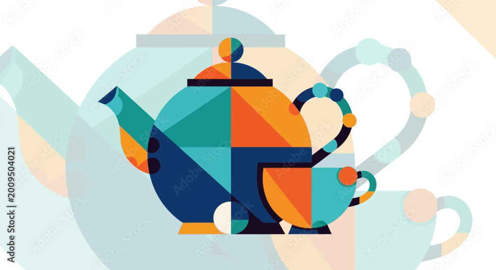 Fototapeta premium Geometric Teapot and Cup Illustration, Abstract Mid-Century Modern Style