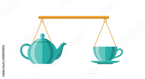 Bild auf Leinwand Teapot and teacup on scales, balance concept, teal color