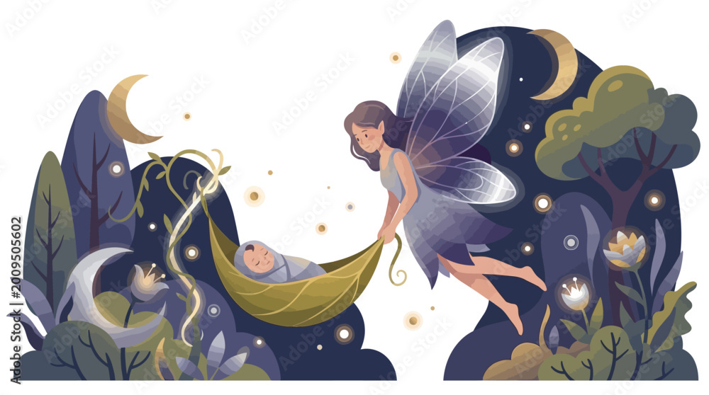 Fototapeta premium Whimsical nighttime scene a gentle fairy cradles a sleeping baby in a leaf hammock amidst glowing flora and crescent moons, serene vector illustration