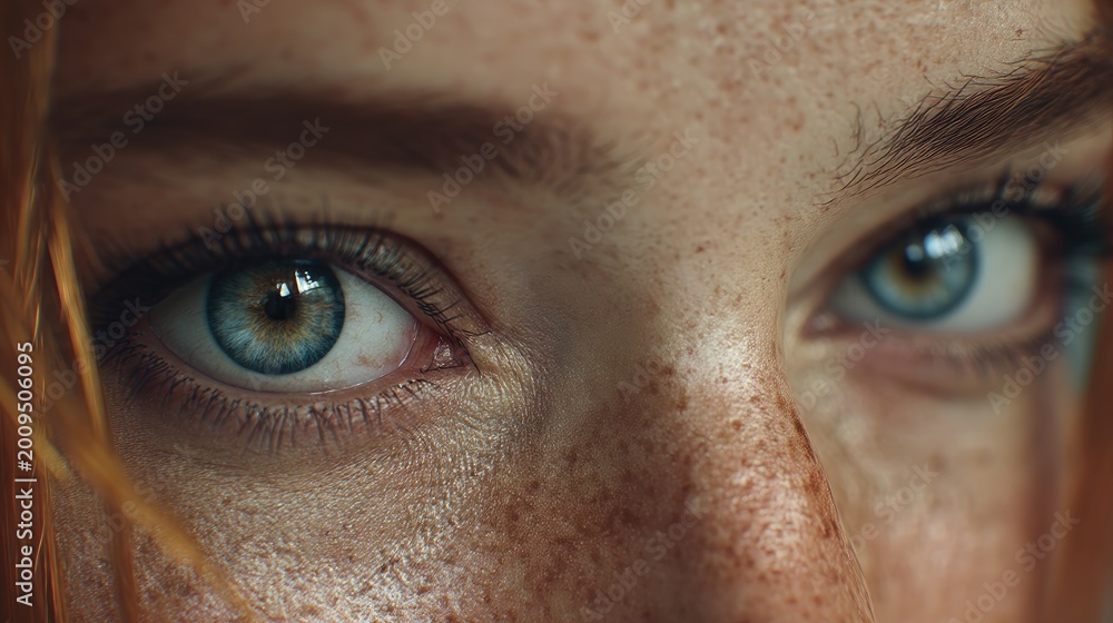 Naklejka premium Close-Up Portrait of a Young Woman with Freckles and Striking Blue Eyes, Capturing Natural Beauty and Expressive Features in Soft Light
