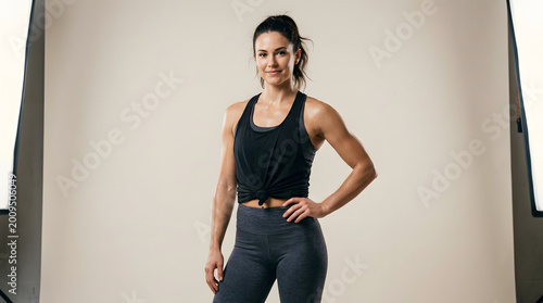 Fit woman in black tank top and grey leggings posing in studio