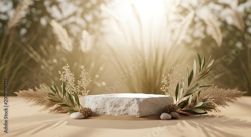 Stone pedestal podium for product display with green leaves and tropical plants in a sunny natural forest