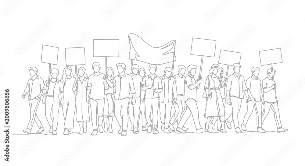 Fototapeta premium Protestors Marching with Blank Signs and Banner - Line Art Illustration