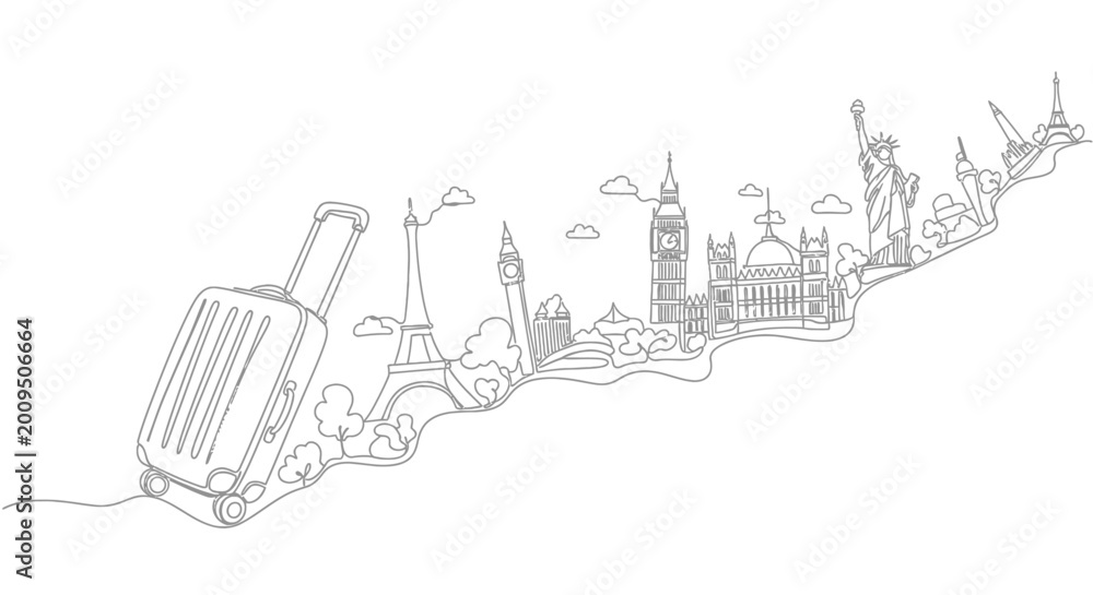 Obraz premium World Landmarks Travel Illustration with Suitcase - Global Tourism Concept