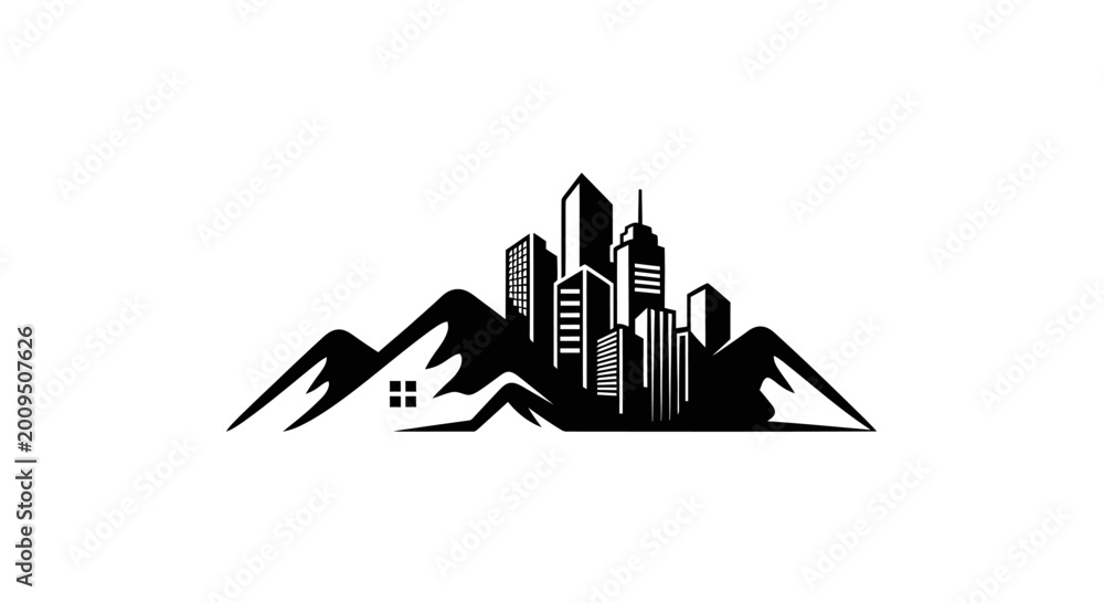 Naklejka premium City skyline with mountain range silhouette.