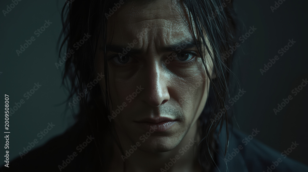 Fototapeta premium Moody cinematic portrait of wet young man with intense gaze and furrowed brow