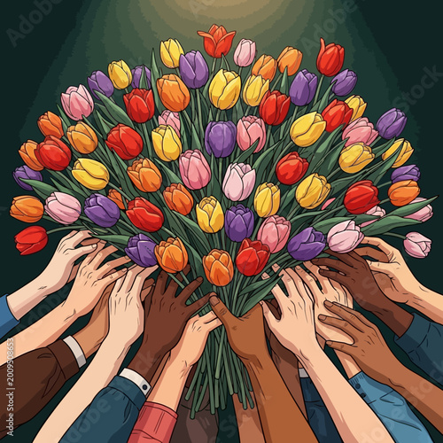 Diverse hands holding colorful tulip bouquet.