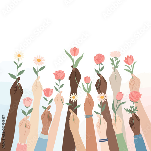Diverse hands holding colorful flowers up.