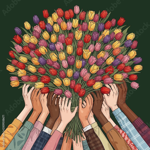Diverse hands holding colorful tulip bouquet.