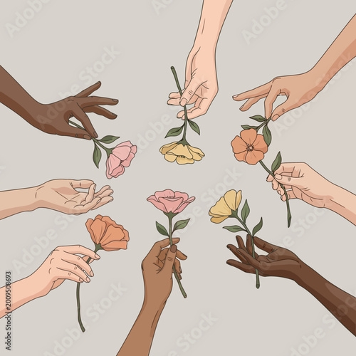 Diverse hands offering and receiving flowers.