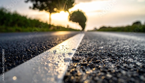 Canvas-taulu Wet asphalt road with white and water droplets at sunset, close-up