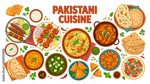 Foto A vibrant flat illustration showcasing a delicious assortment of traditional Pak