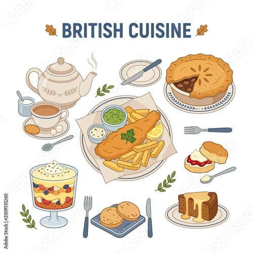 Fotografía A delightful spread of classic British cuisine, featuring fish and chips, a frui