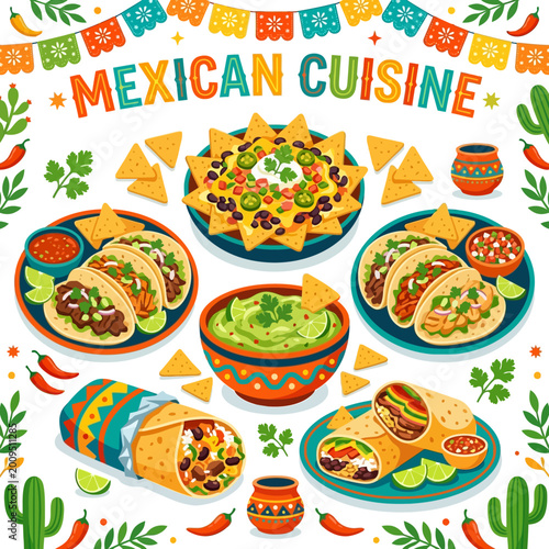 Photos Vibrant illustration of traditional Mexican cuisine, featuring a colorful spread