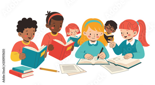 Foto Diverse children reading and writing, illustration of education and learning
