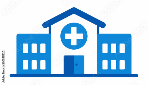 Modern flat design blue hospital building icon with a prominent medical cross symbol, signifying healthcare, clinics, and medical facilities for digital use