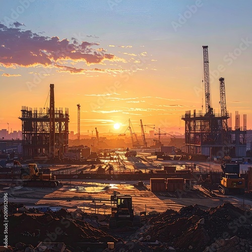 Towering cranes and skeletal structures rise against a vibrant sunset at a vast construction site